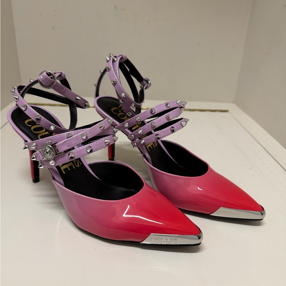 Versace Pink to Red Ombre Pointed-Toe Studded Ankle-Strap Heels